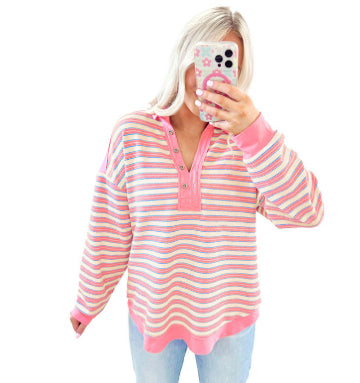 Loose All-matching Striped Color Matching Drop-shoulder Long-sleeve T-shirt