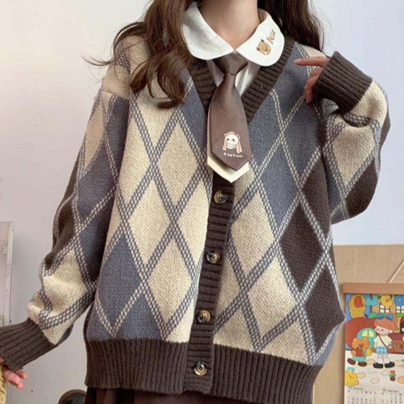 Diamond Lattice V-neck Knitted Cardigan Sweater Coat for Women Autumn and Winter