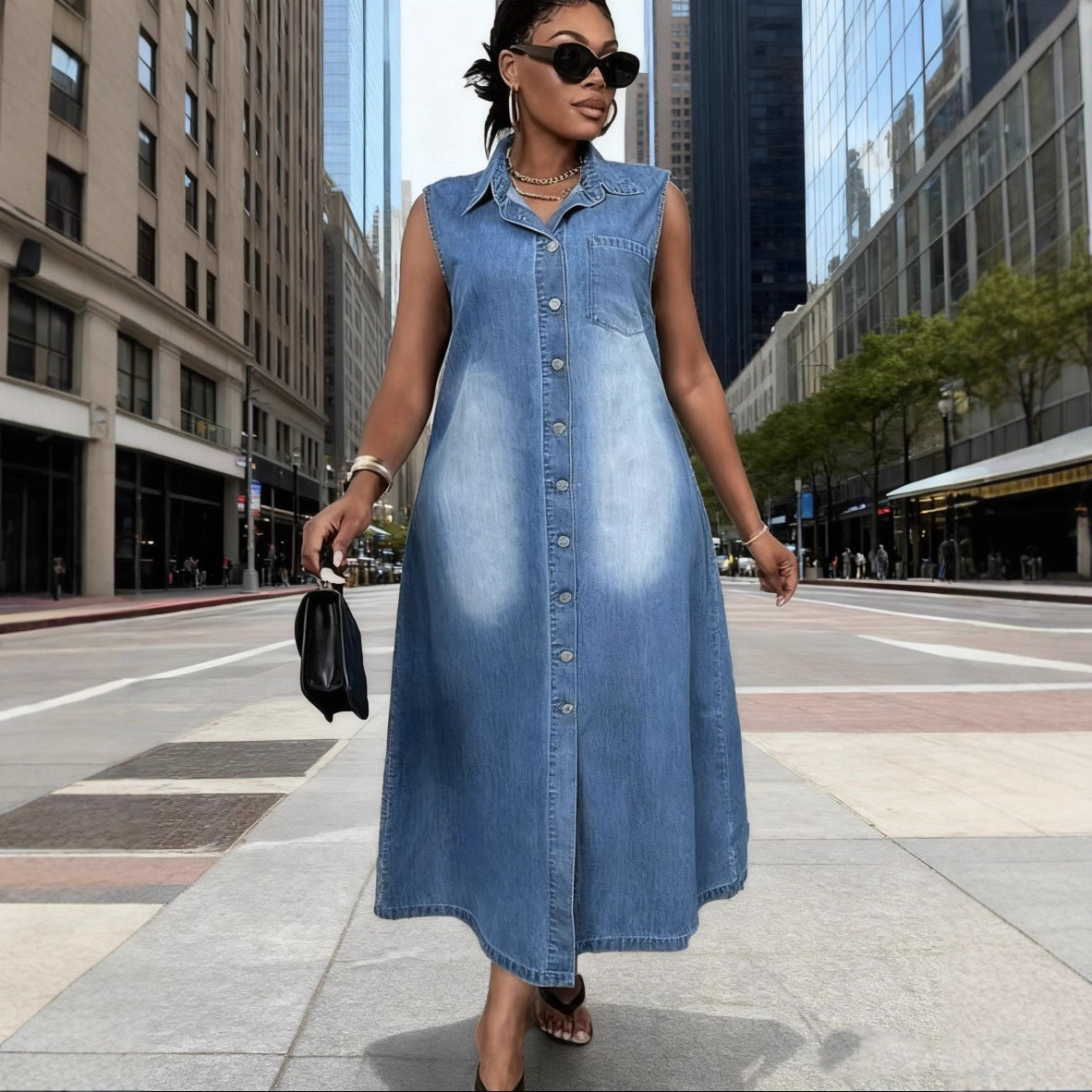 Womens Sleeveless Single-breasted Denim Dress
