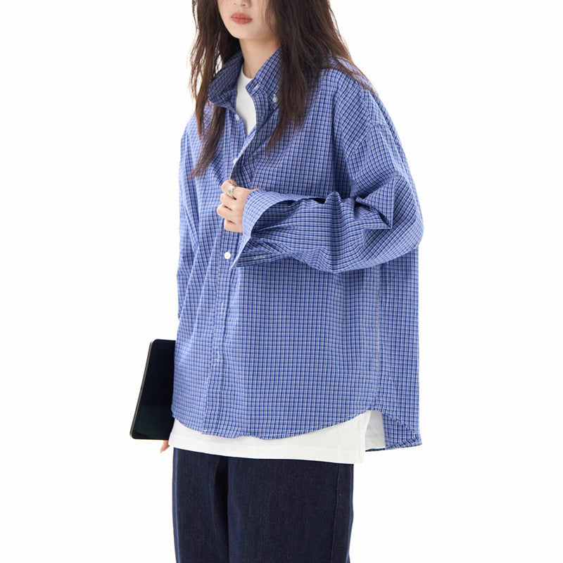 American Retro Blue Plaid Shirt Long Sleeve Women