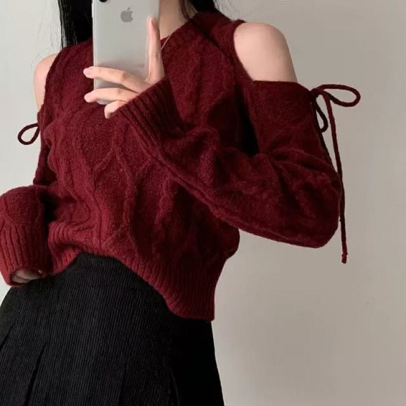 Round Neck Hollow Out Shoulder-baring Lace-up Loose All-match Long-sleeved Sweater Sweater