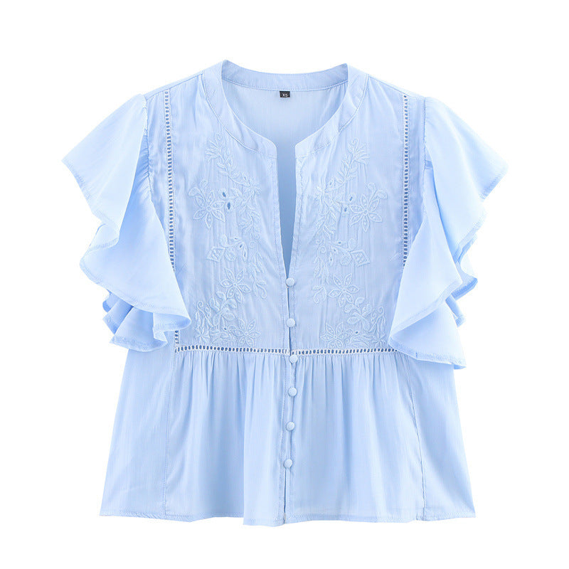 European And American Laminated Decoration Lapel Short Sleeve Casual Shirt