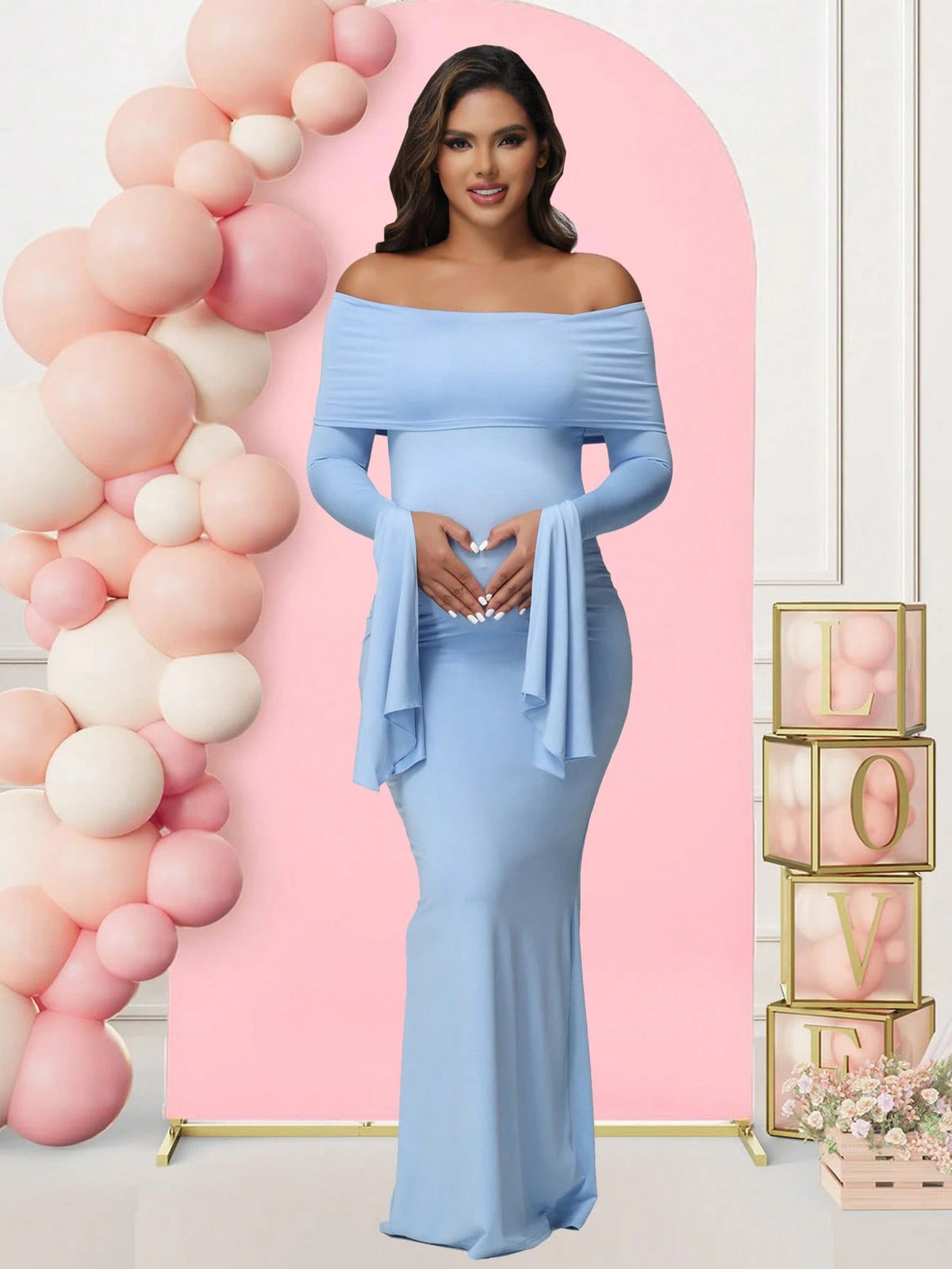 Bell-sleeved Off-shoulder Slim-fit Slit Maternity Dress