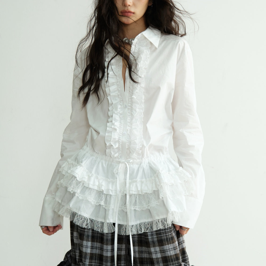 Fitted-waist Lace-up Long Lace-trimmed Shirt