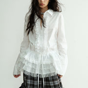 Fitted-waist Lace-up Long Lace-trimmed Shirt