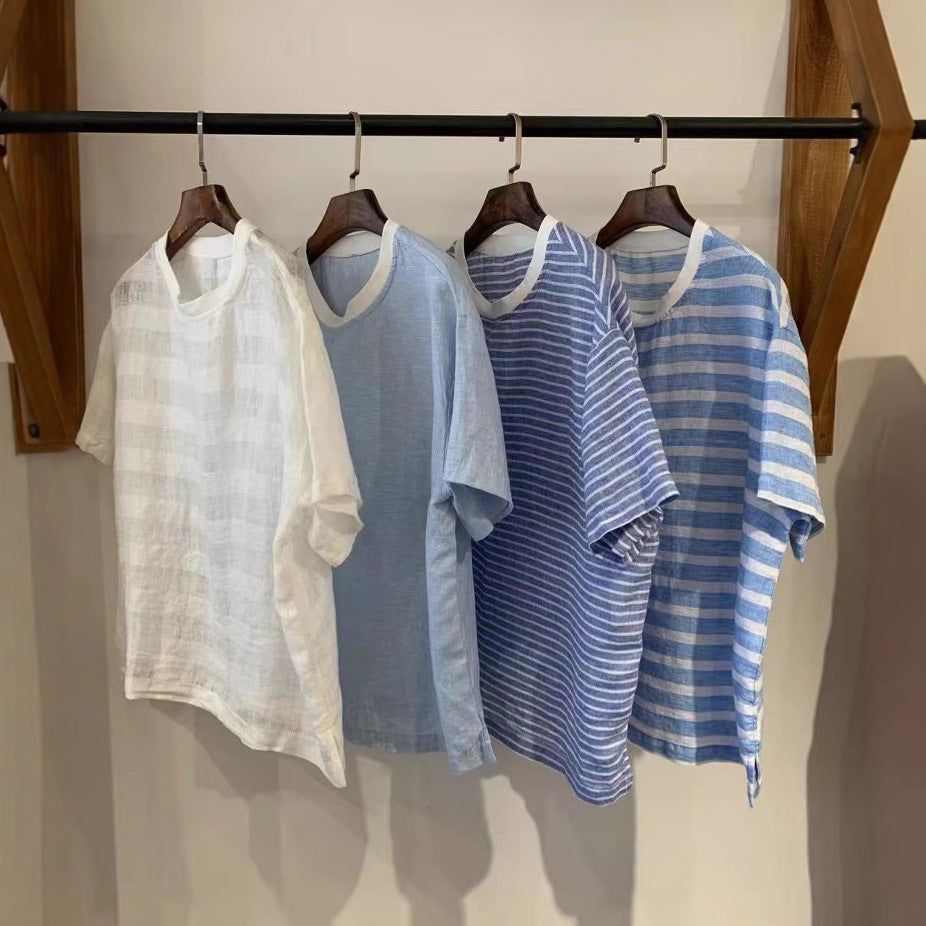 Blue Striped Linen Top – Loose Fit, Short Sleeves