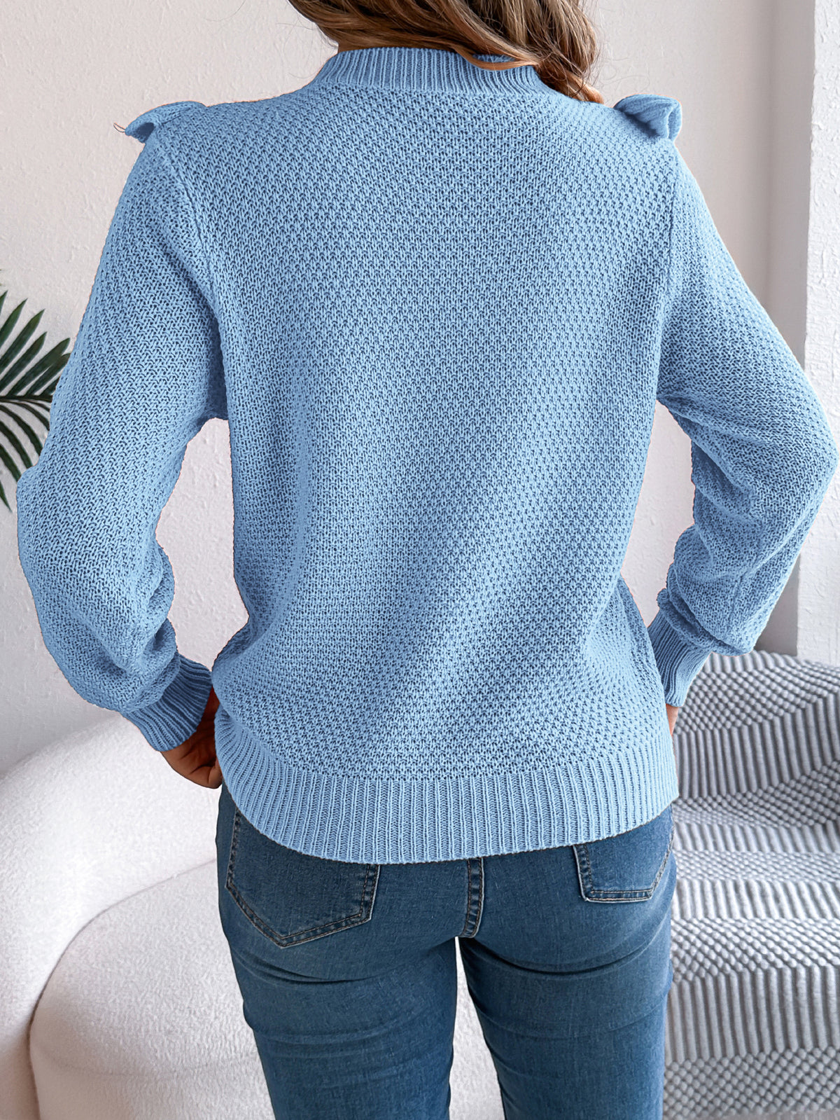 Women Elegant Solid Color Ruffled Long Sleeve Pullover Sweater