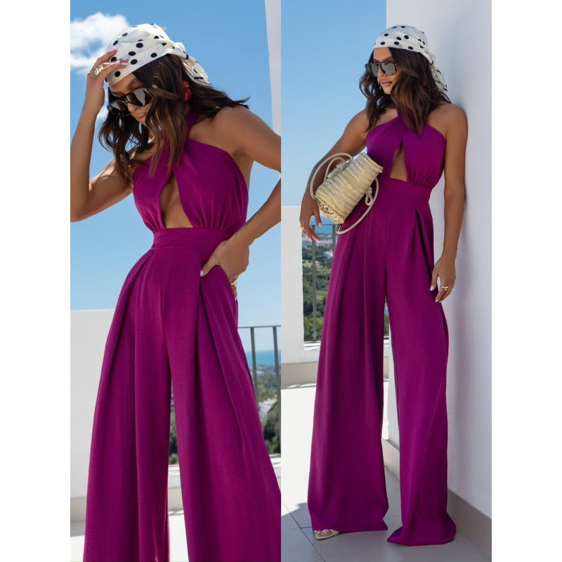 Sexy Halter Backless Waist-Cinching Wide-Leg Jumpsuit