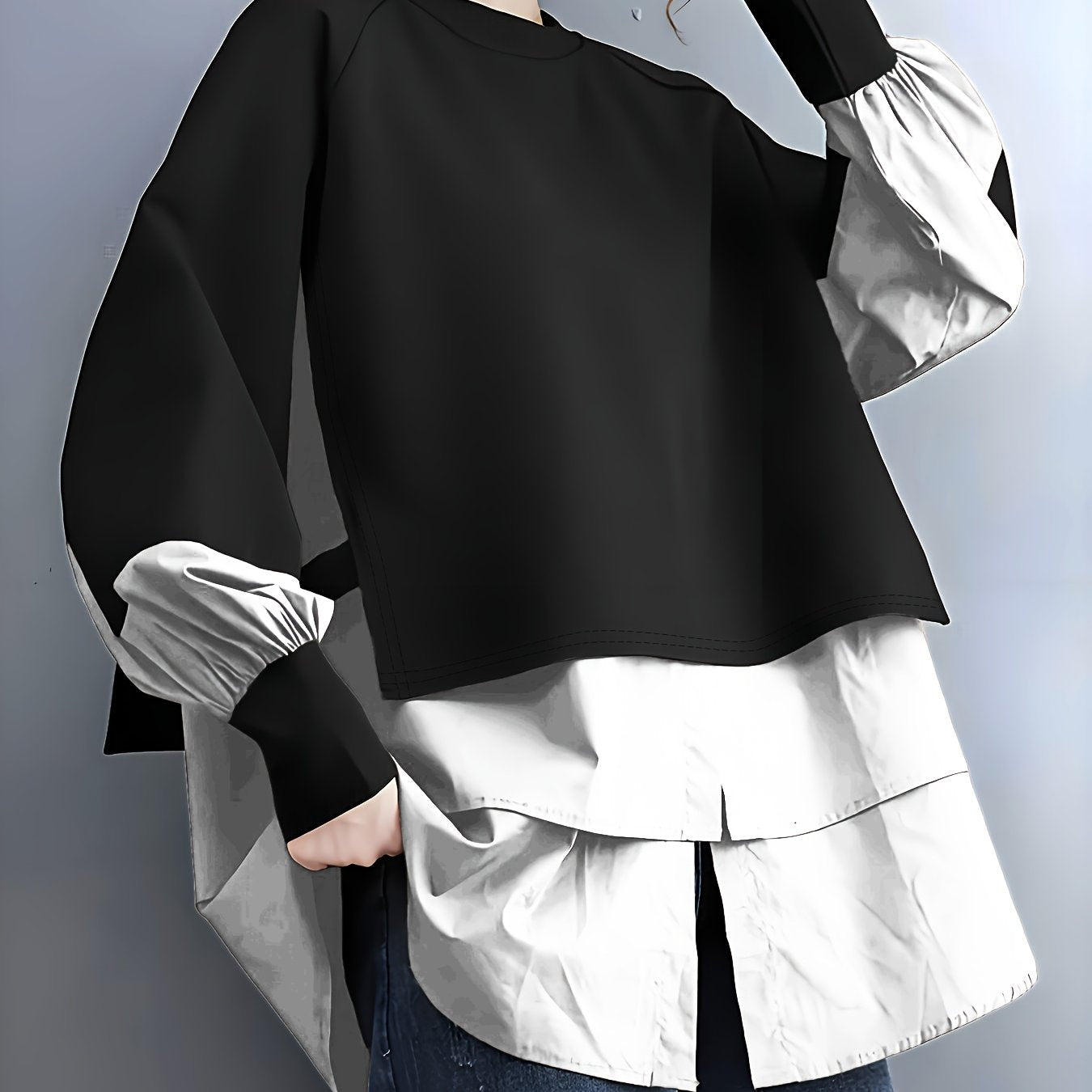 Plus Size Patchwork Long-Sleeve Sweatshirt with Round Neck