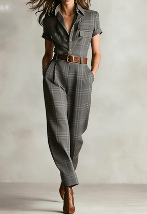Vintage Plaid Lapel Short-sleeve Waist-cinched Utility Jumpsuit