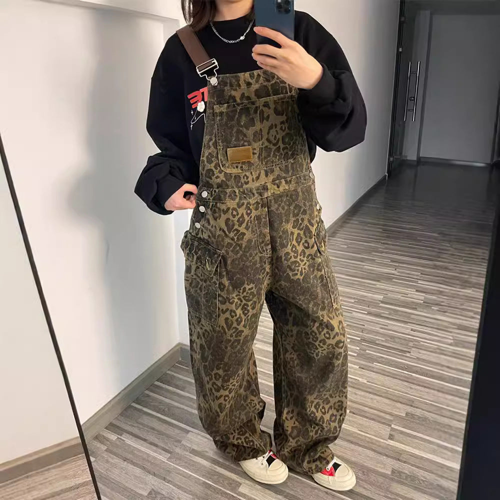 Retro Leopard-Print Denim Overalls For Women