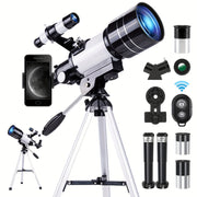 150X Telescope, 70mm Aperture Telescope For Adults High Power, Portable Monocular Telescope With Tripod Phone Holder, Eyepiece, Barlow Lens, Perfect Telescope For Nature Viewing, Education And Expl...