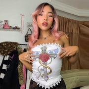 Cross Print Lace Stitching Sleeveless Tube Top