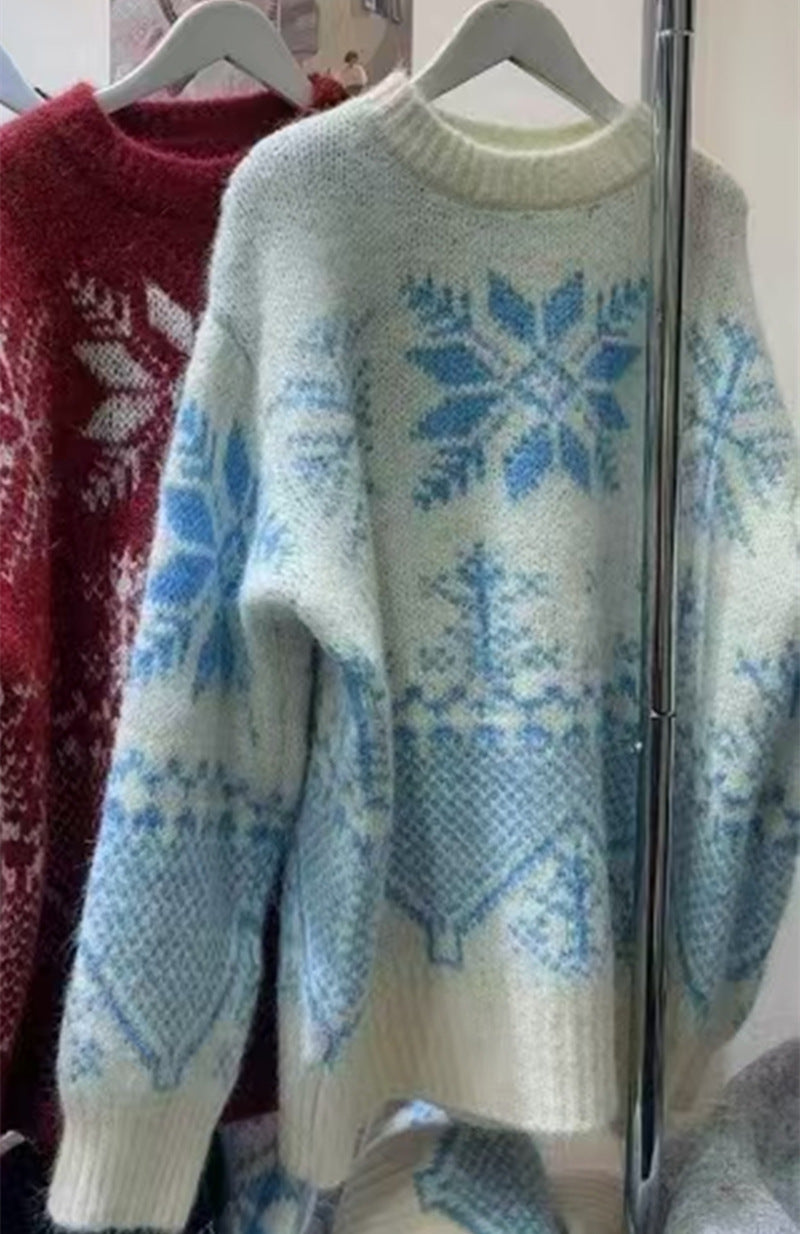 Jacquard Sweater Womens Crew-neck Snowflake Knit Top
