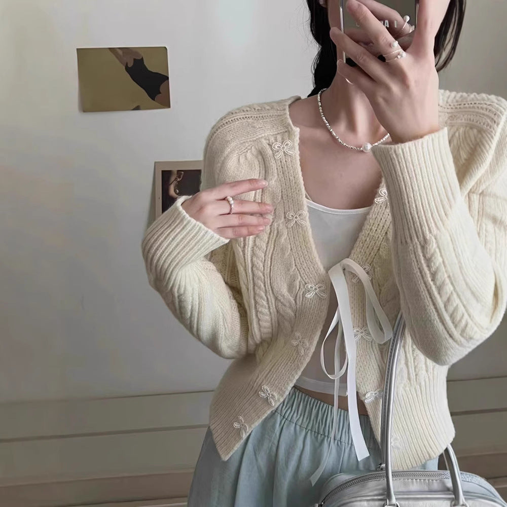 Bow-knot Knitted Cardigan Womens Sweater Coat