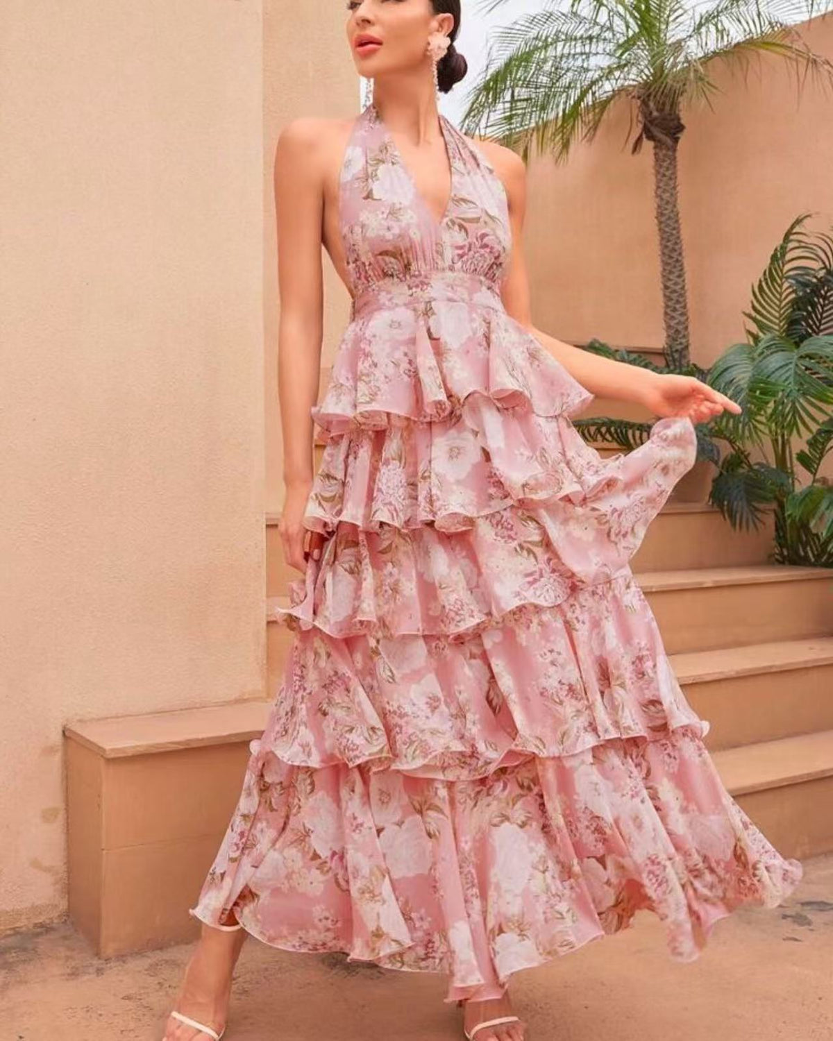 Womens V-neck Strap Multi-layer Printed Dress