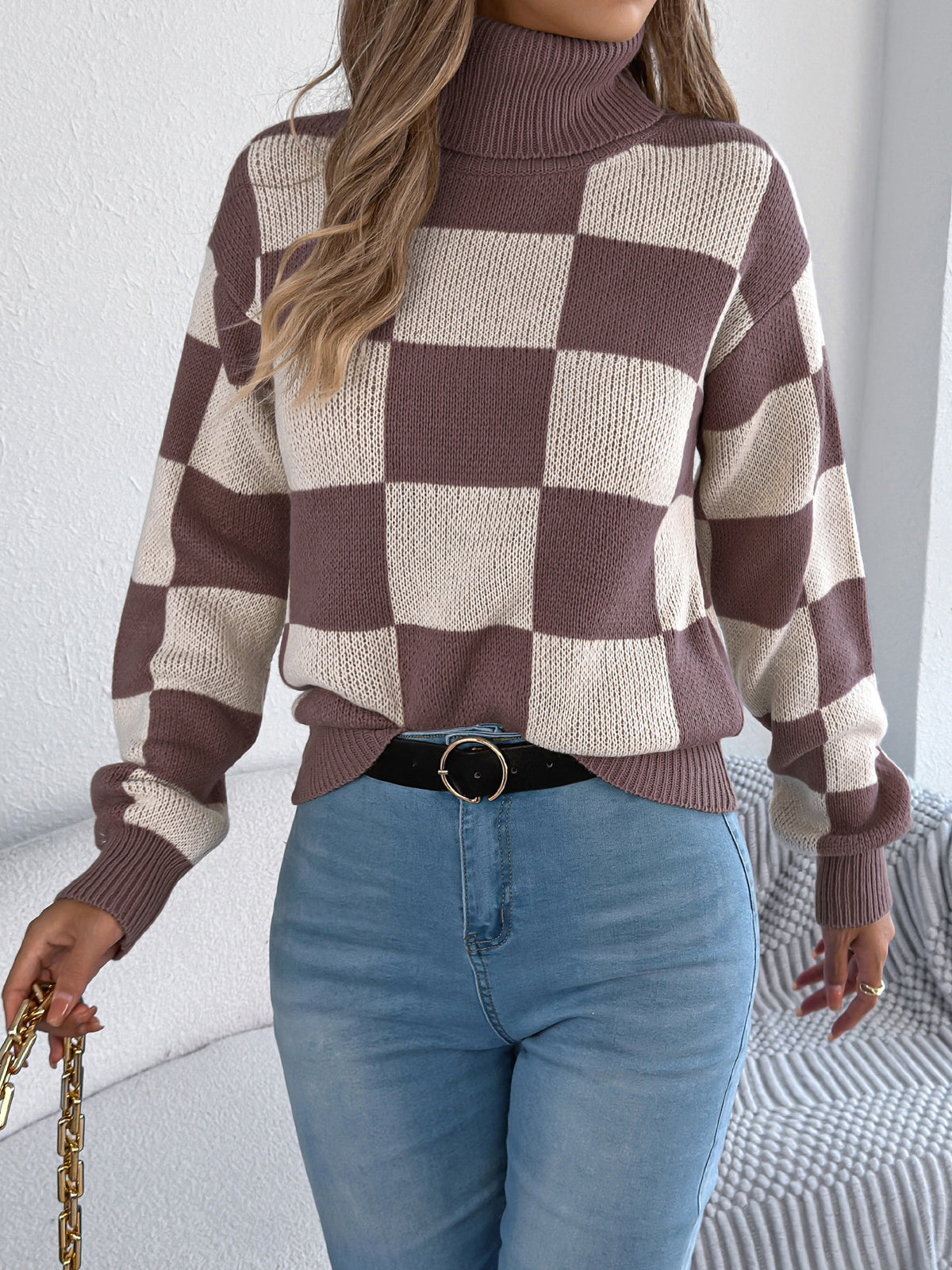 Women's High Neck Color-blocked Plaid Lantern Sleeve Sweater