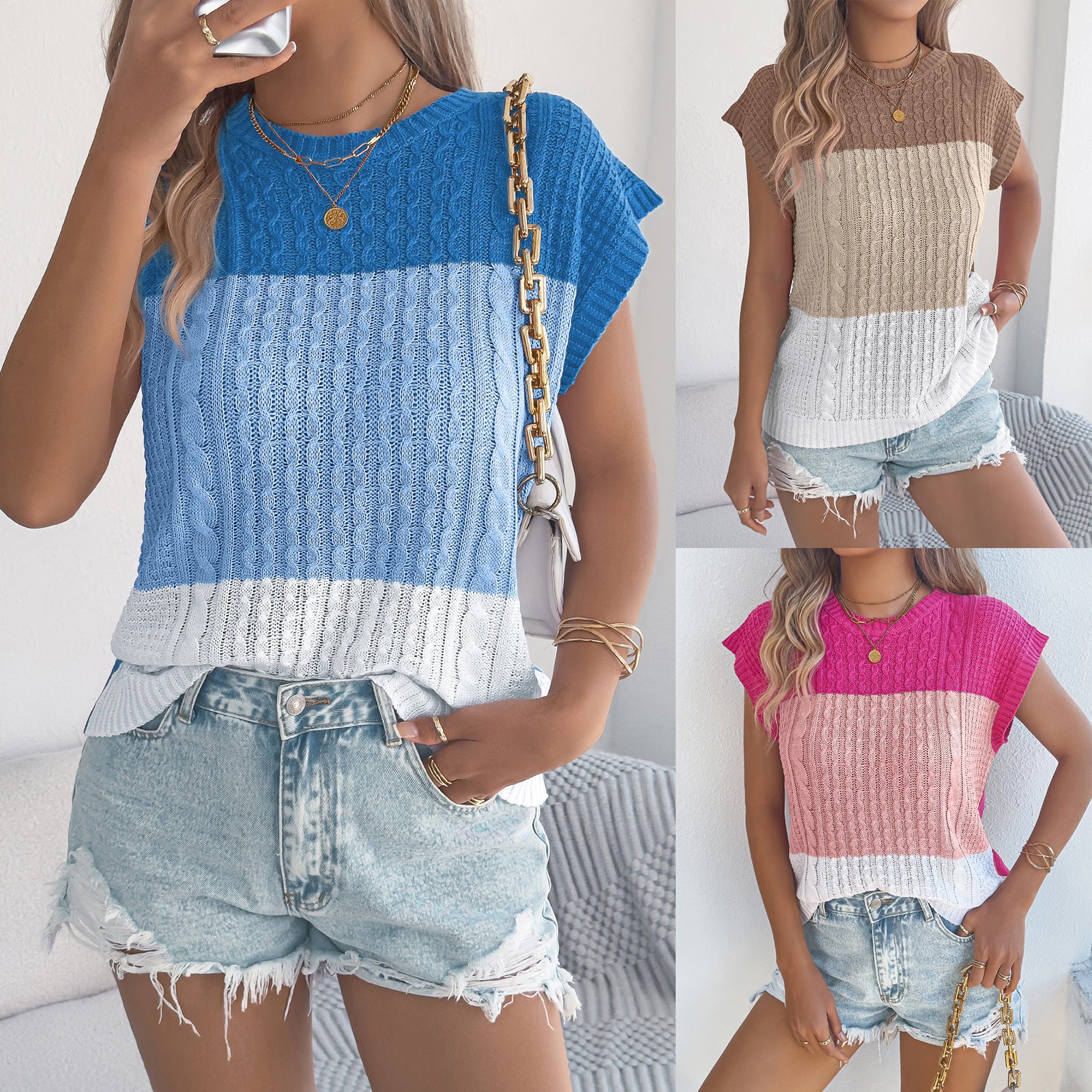 Color-Block Batwing Sleeve Knit Sweater – Loose Fit Casual Top