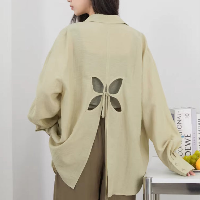 Women's Loose-Fitting Green Sun-Protective Shirt With Hollow-Out Back