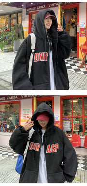 Men's Hooded Letter Cardigan Fleece-Lined Loose Sweater