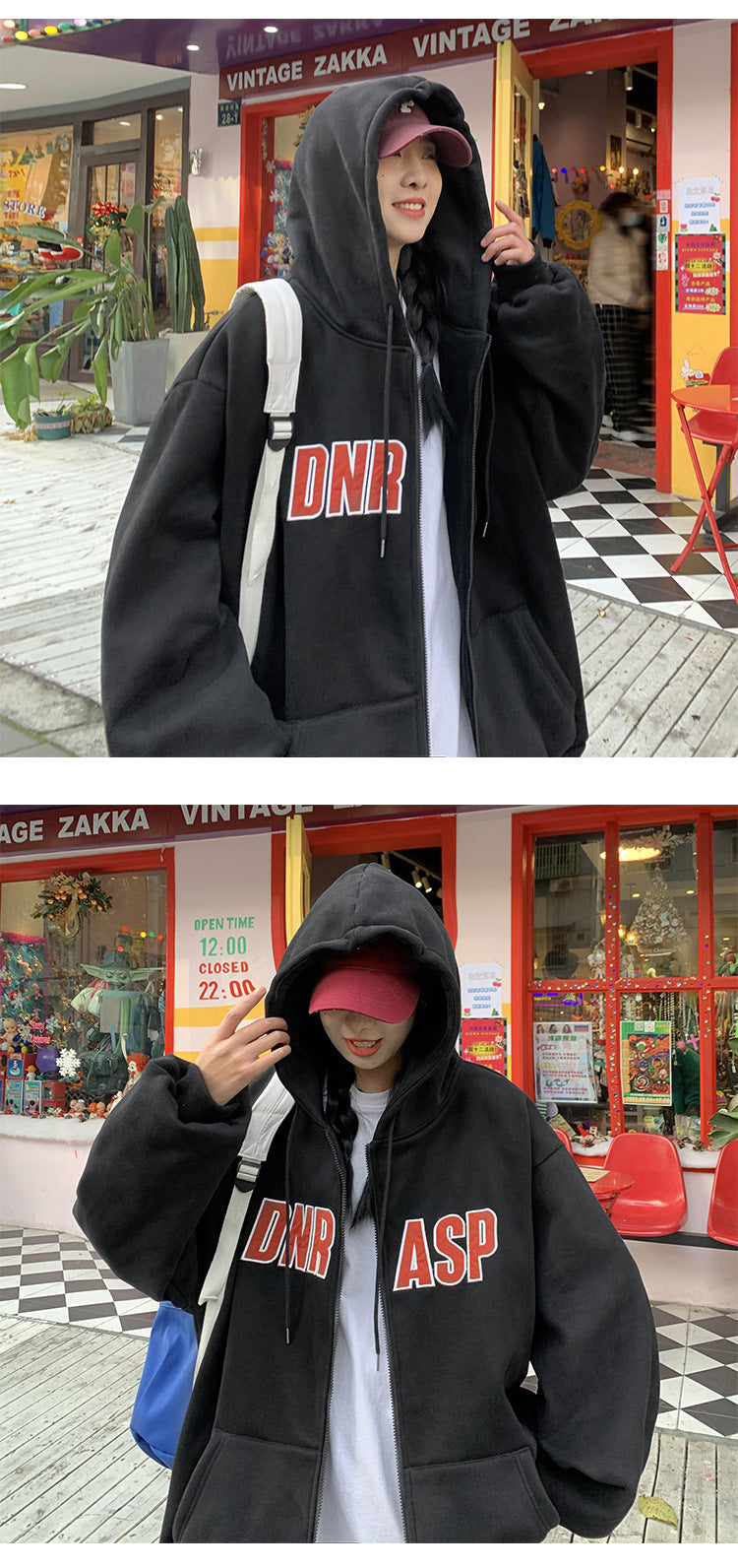 Men's Hooded Letter Cardigan Fleece-Lined Loose Sweater