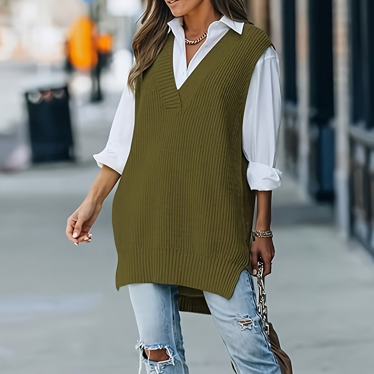 Color-block Casual V-neck Autumnwinter Vest Womens Sweater