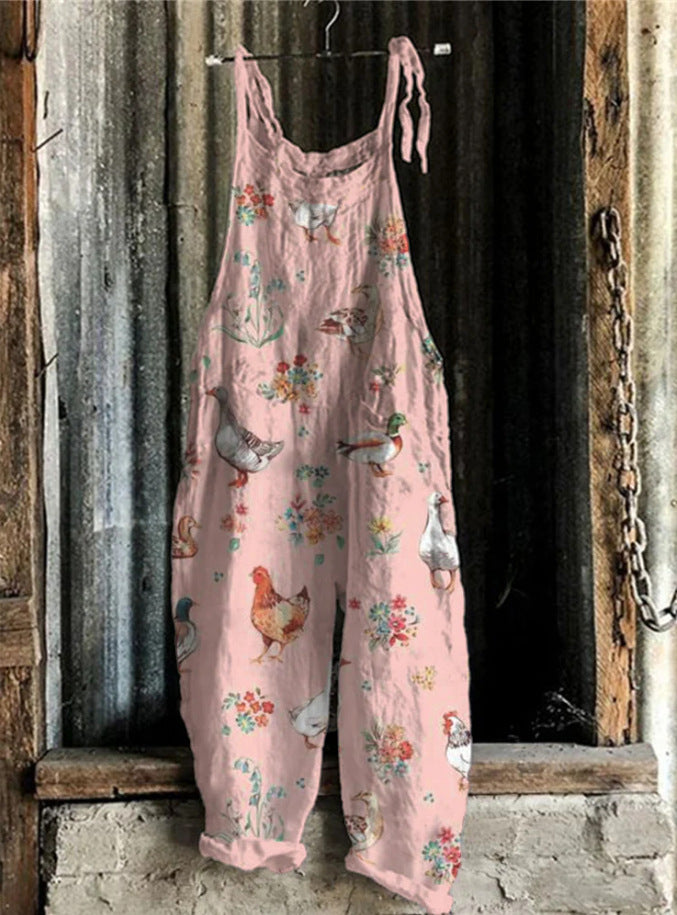 Women's Autumn And Winter Printing Retro Wide Leg Jumpsuit
