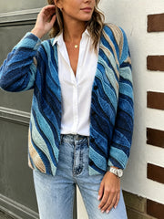 Retro Gradient Blue Wave Pattern Knitted Cardigan Ladies Oversized Polyamide Outerwear