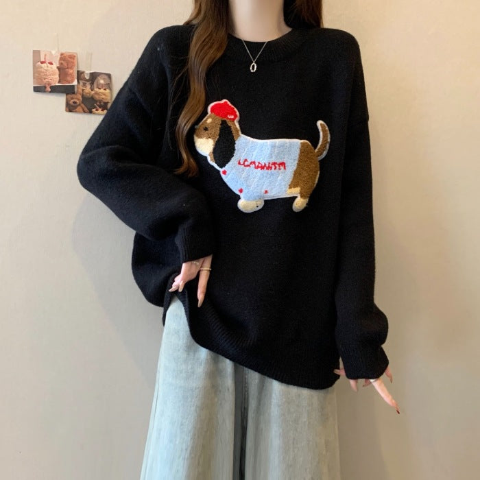 Crew-neck Cute Dog-embroidered Pullover Sweater