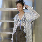 Long Lace Shirt With Sequins Featuring A Wavy All Around Edging Design