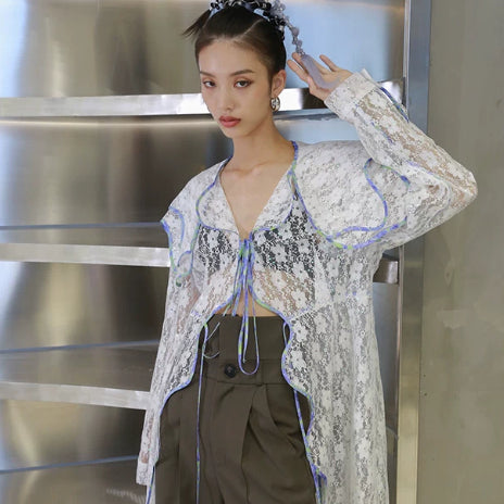 Long Lace Shirt With Sequins Featuring A Wavy All Around Edging Design