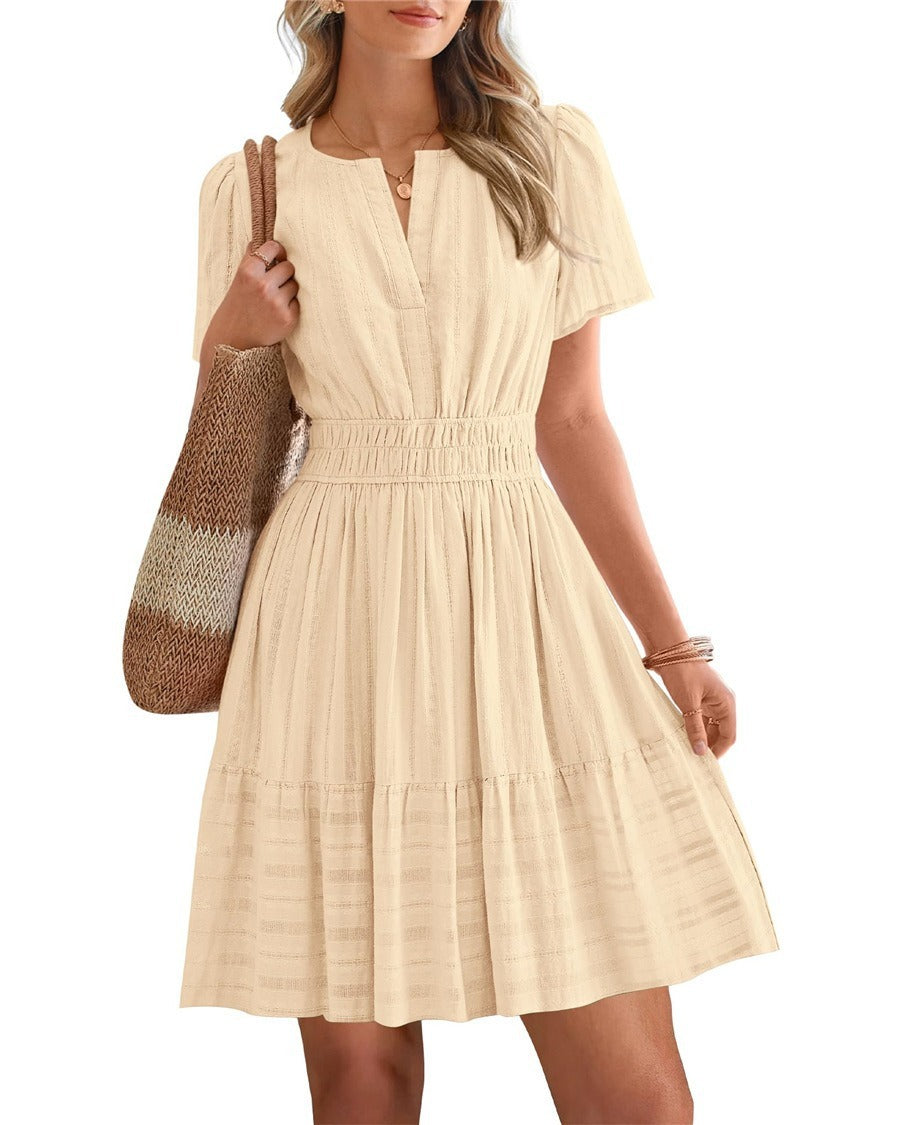 2026 Hot Sale Spring Summer Women's Solid Color V Neck Ruched Puff Sleeve Short Dress