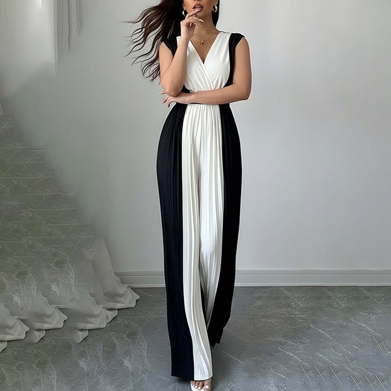 Elegant Long-Sleeve V-Neck Printed Wide-Leg Jumpsuit