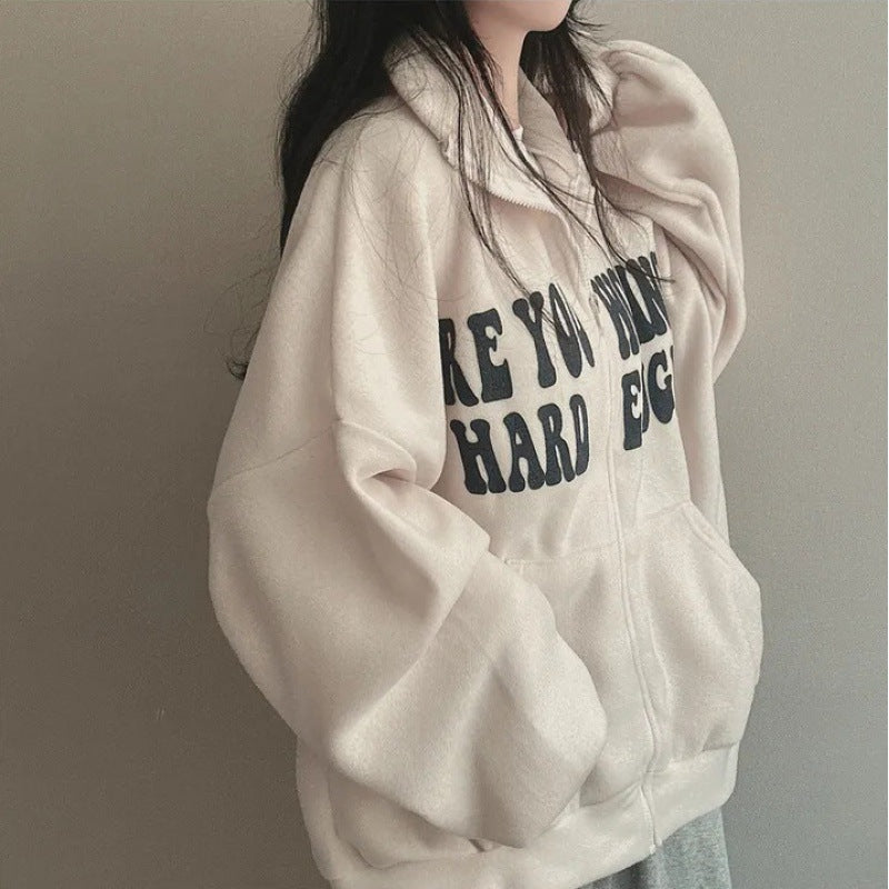 Women's Plus Velvet Alphabet Zip-Up Loose Cardigan Sweater