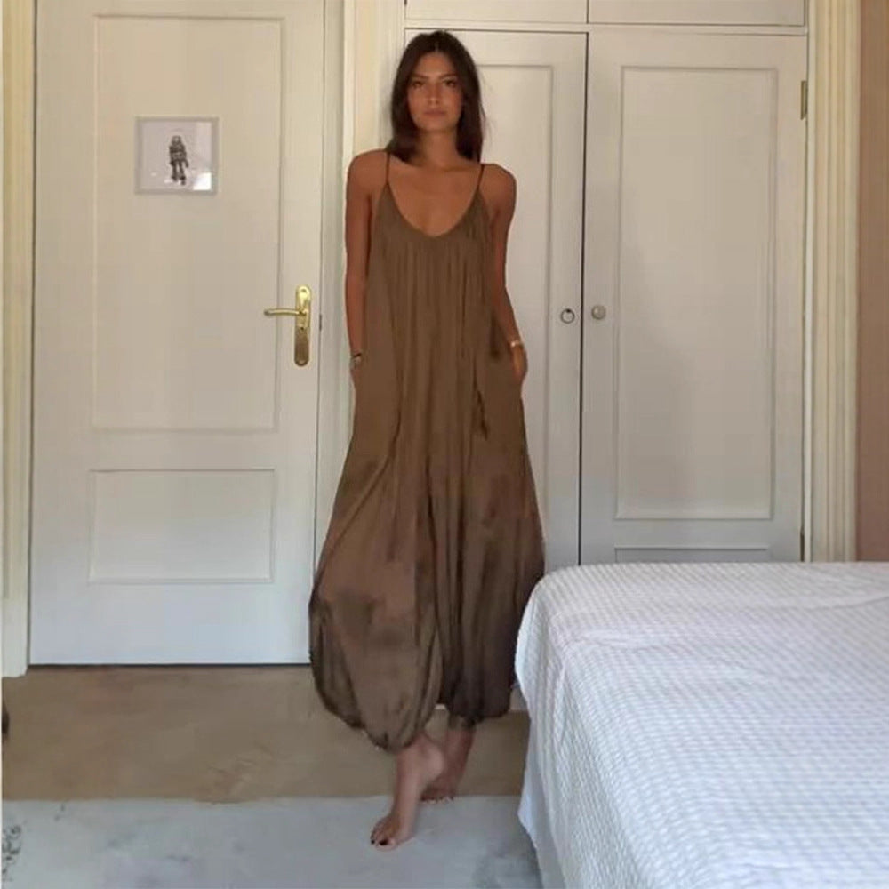 Women's Casual V-Neck Backless Pleated Jumpsuit