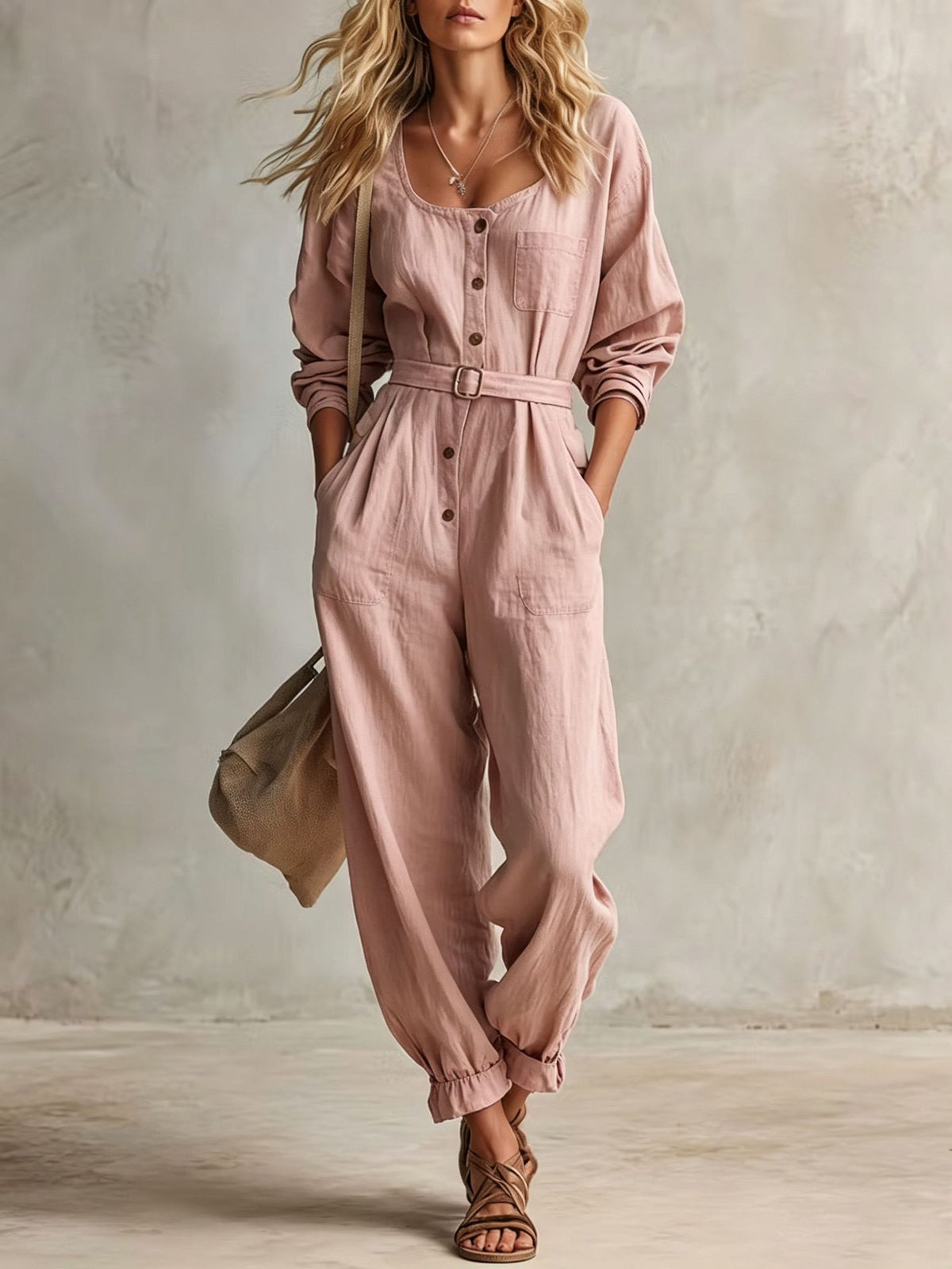 Women's Elegant Square Neck Long Sleeve Linen Jumpsuit
