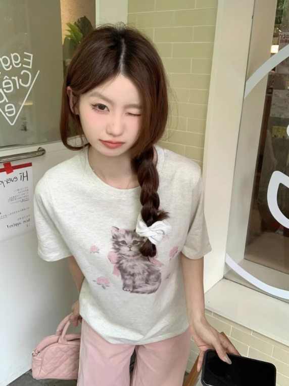 Cat Printing Short-sleeved T-shirt For Women Round Neck Loose Top