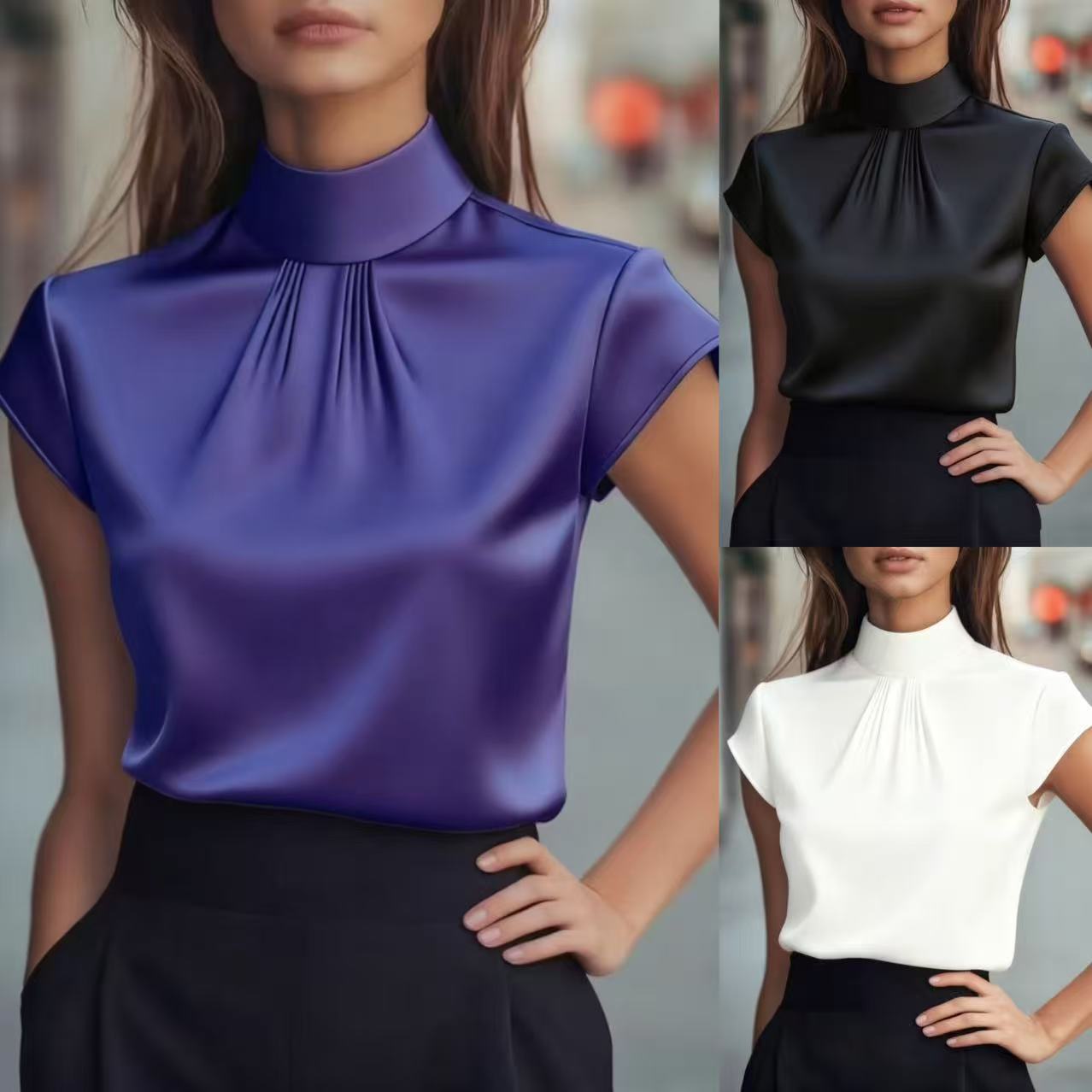 Elegant Solid-Color Satin Top with Pleated Detail – Short Sleeves