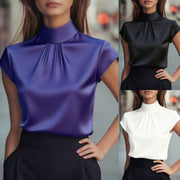 Elegant Solid-Color Satin Top with Pleated Detail – Short Sleeves