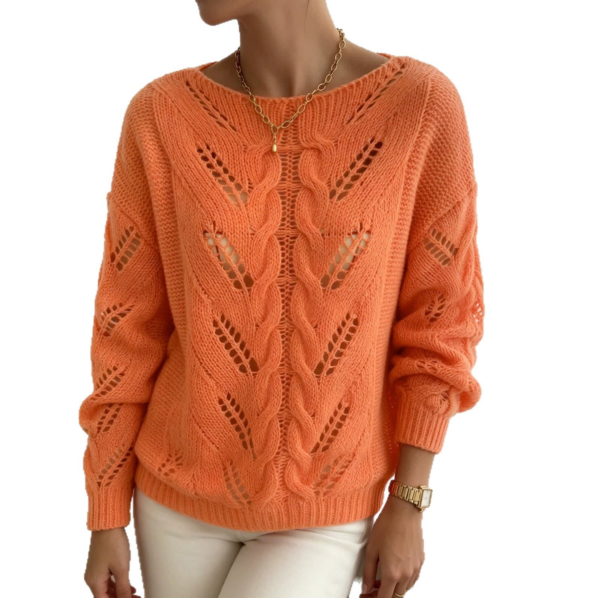 Autumnwinter Lazy-style Knit Sweater with Hollow-out Cable-knit Top