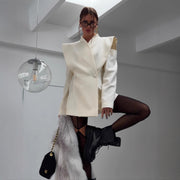 Elegant Solid Color Long-Sleeve Suit Coat – White & Wine Red