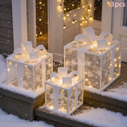 3pcs Lighted Christmas Gift Box Set with Warm LED Lights & Snowy Ribbon Bows - Battery-Powered Indoor/Outdoor Plastic Decorations with Stake Installation, Classic Winter Design for Xmas Tree, Yard,...