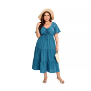 Womens Solid-color V-neck High-waisted Dress
