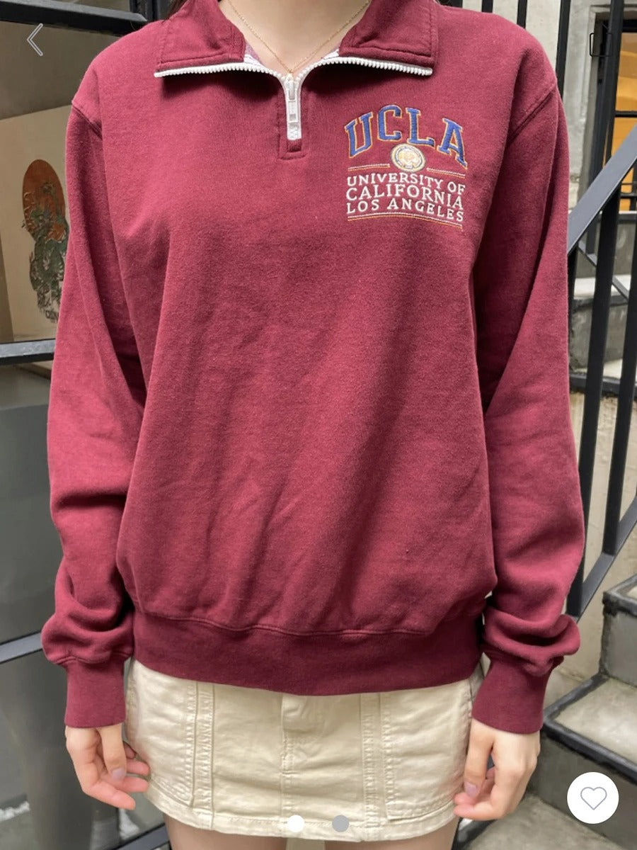 Wine Red Half-Zip Terry Pullover Sweater