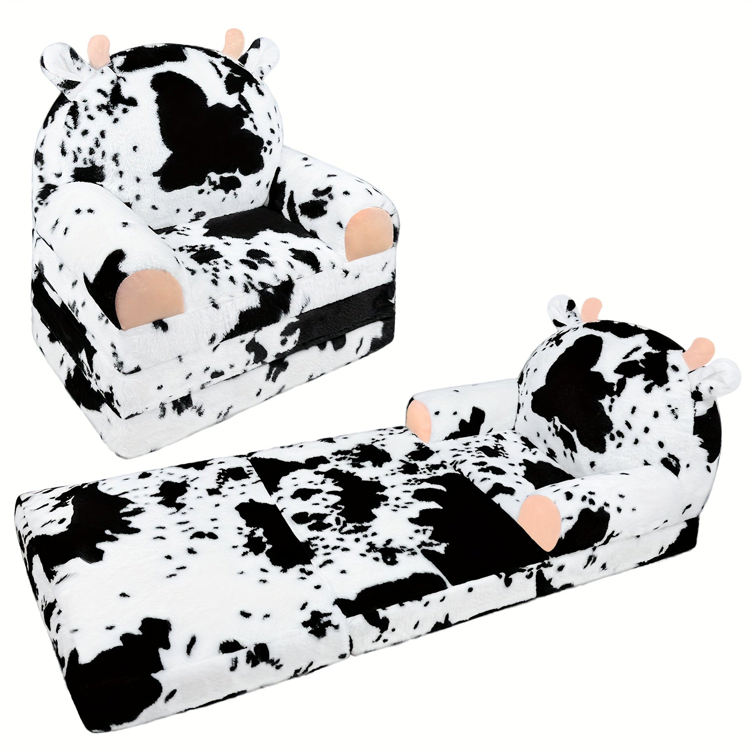 Foldable Kids Sofa with Pillow – Plush Memory‑Foam Lounge Chair, Washable Cover (Cow Print)