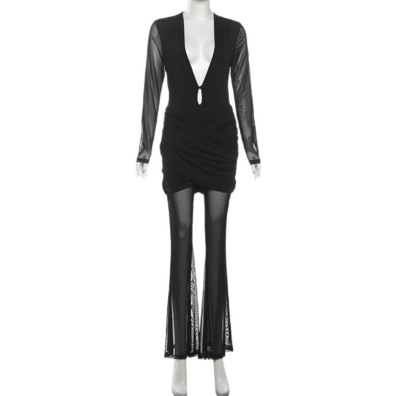 Sheer Mesh Cross-V Bodycon Jumpsuit