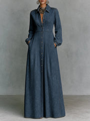 Slim-Fit Denim Lapel Swing Dress with Waist-Cinching Design