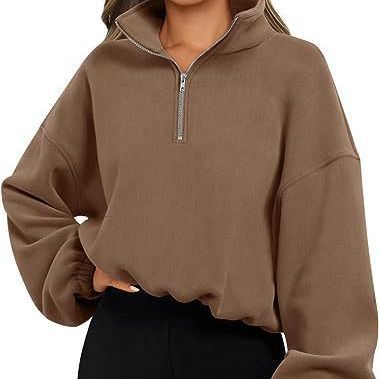 Women's Half Zipped Stand Collar Drawstring At Hem Polar Fleece Autumn Winter Sweater
