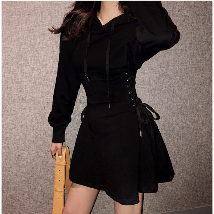 Fitted-waist Belted Long-sleeved Hooded Sweatshirt Dress for Women in a Laid-back Style