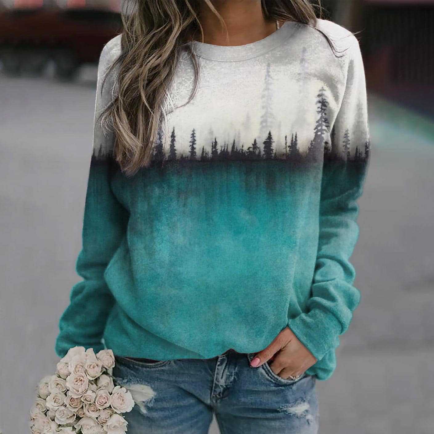 Women's Pine Print Crew Neck Casual Sweatshirt